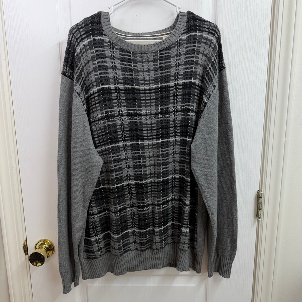 Vintage Weatherproof men's gray plaid 100% cotton crewcut knit sweater XXL
